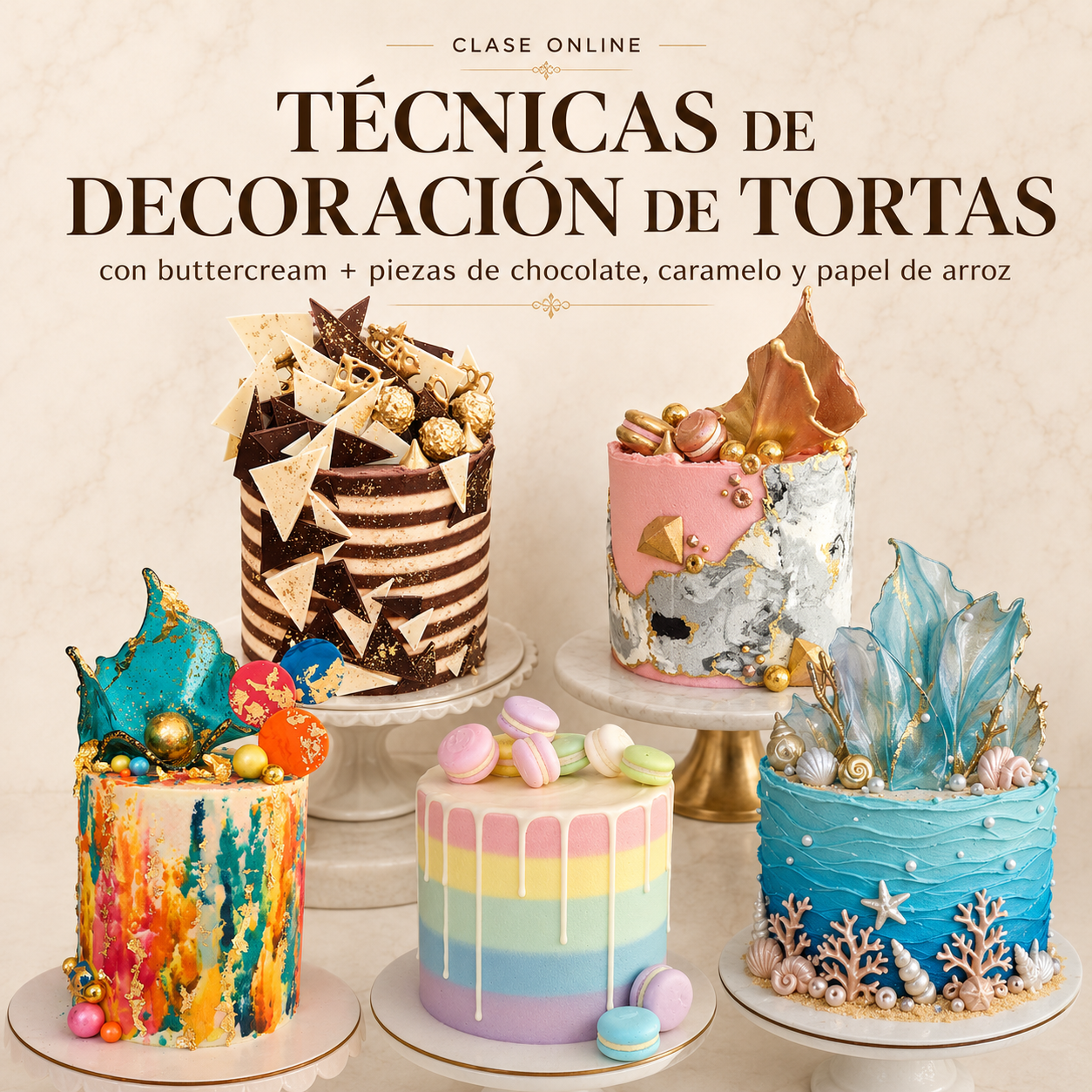 Clase de Técnicas variadas de decoración de tortas con buttercream, piezas de chocolate, caramelo y papel de arroz